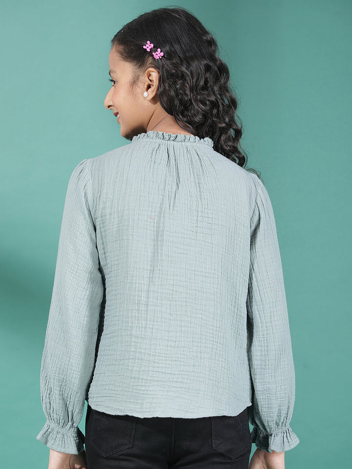 Green Textured V-Neck Top