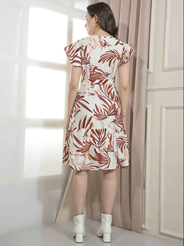 Red Floral Print V-Neck Flutter Dress With Belt