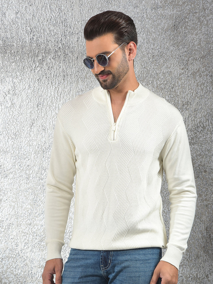 Off White Jacquard 100% Cotton Sweater