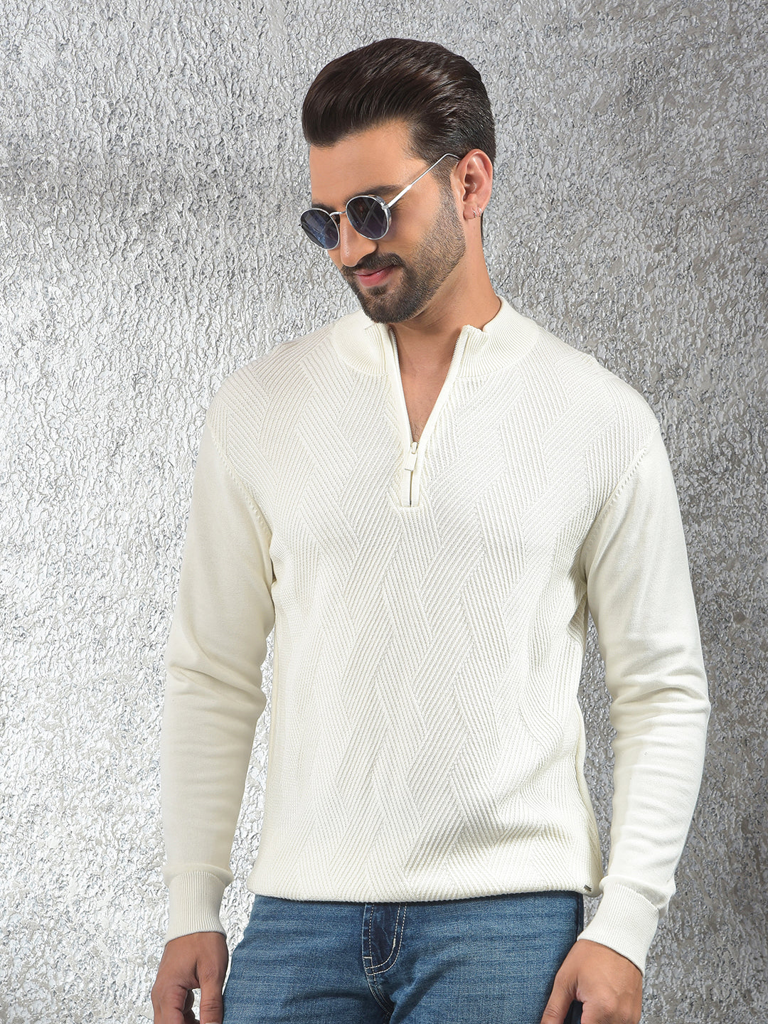 Off White Jacquard 100% Cotton Sweater