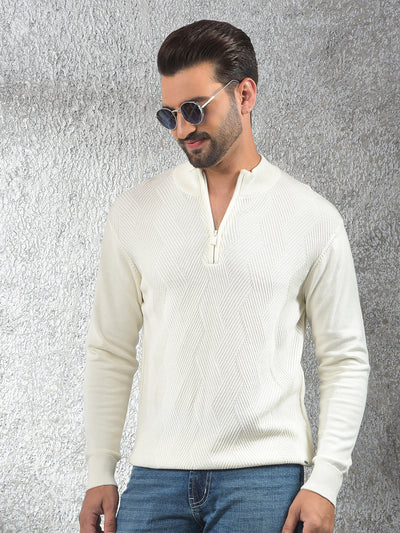Off White Jacquard 100% Cotton Sweater