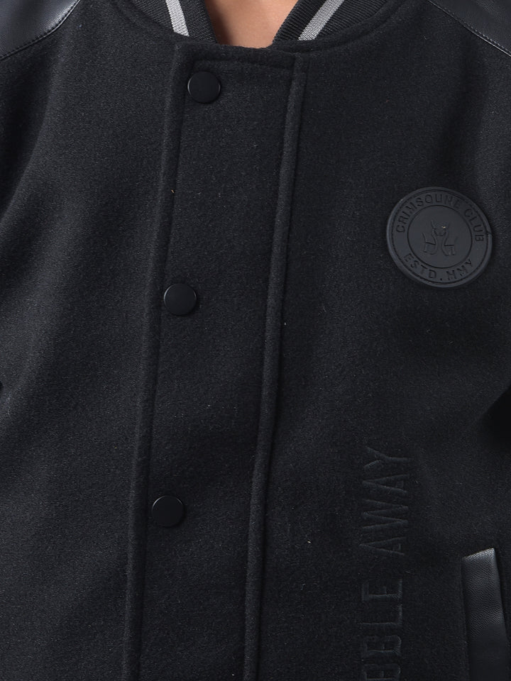 Black Typographic Print Varsity Jacket