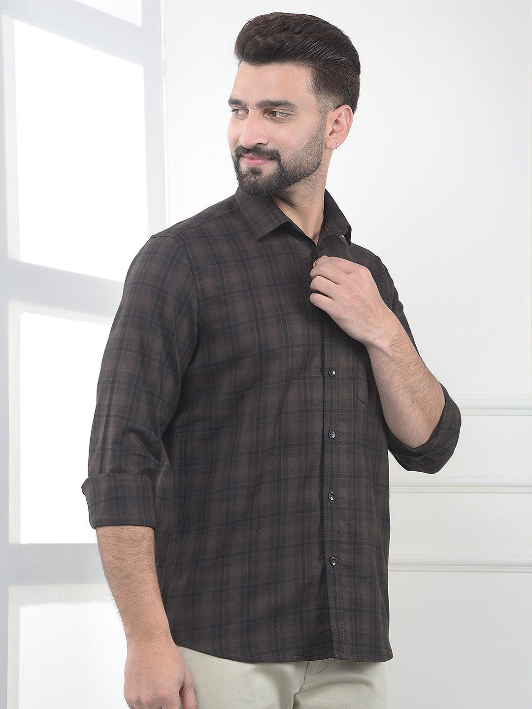 Brown Checked 100% Cotton Shirt