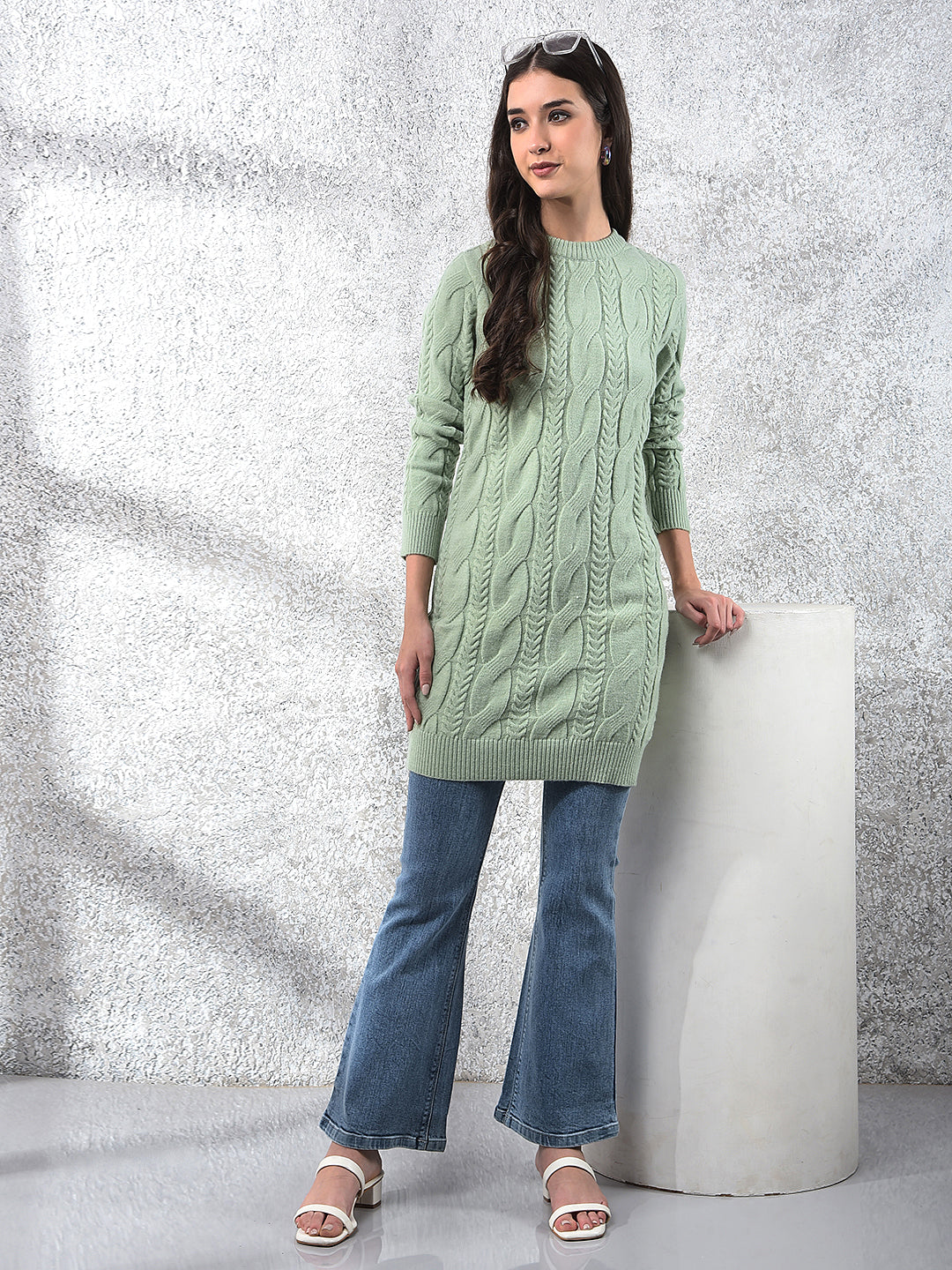 Green Long Length Acrylic Sweater-Women Sweaters-Crimsoune Club