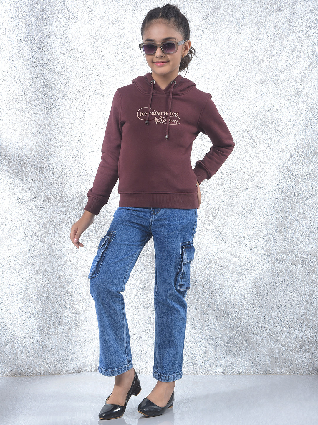 Brown Graphic Print Hooded Neck Knitted Sweatshirt