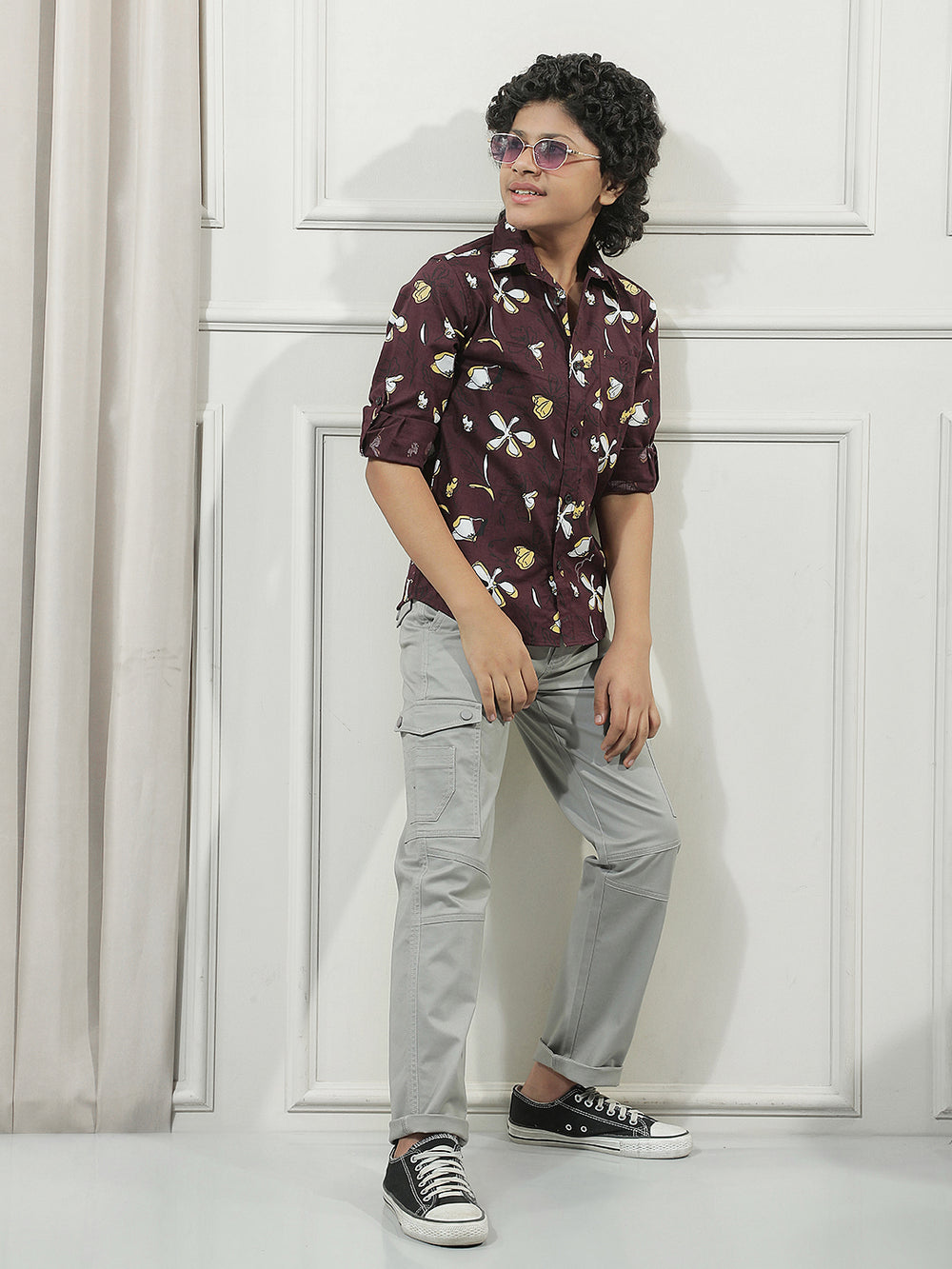 Maroon 100% Cotton Floral Print Shirt