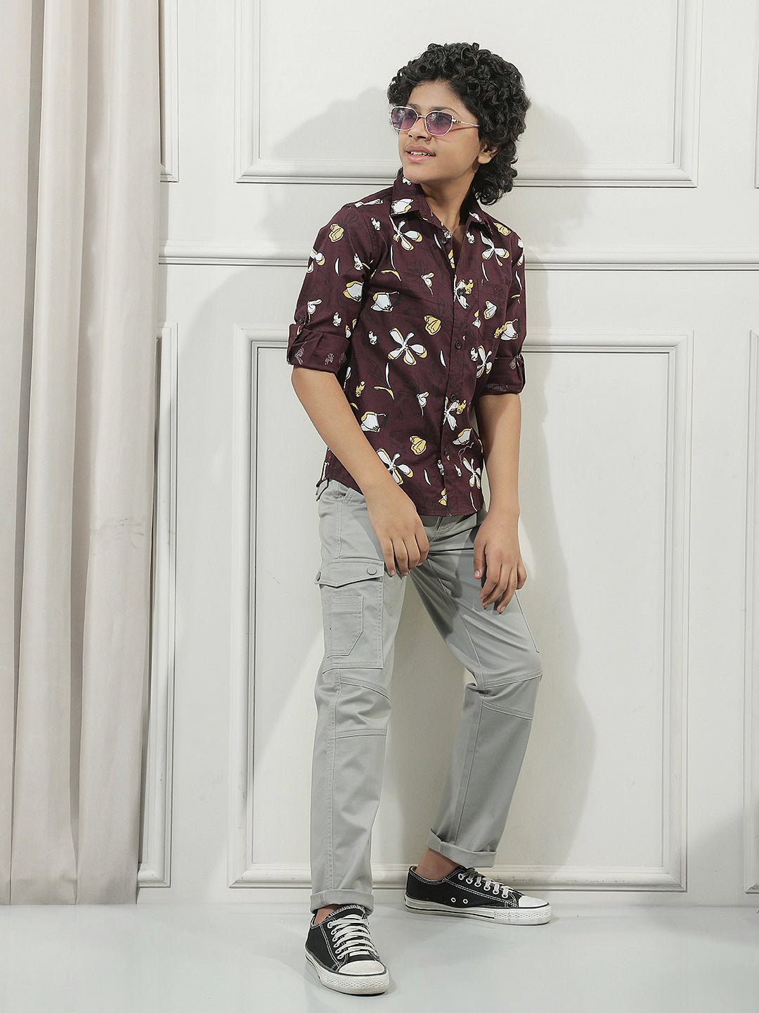 Maroon 100% Cotton Floral Print Shirt