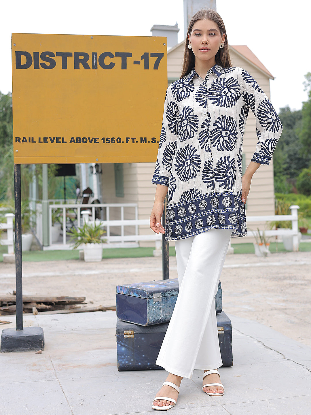 Navy Blue Floral Print Top