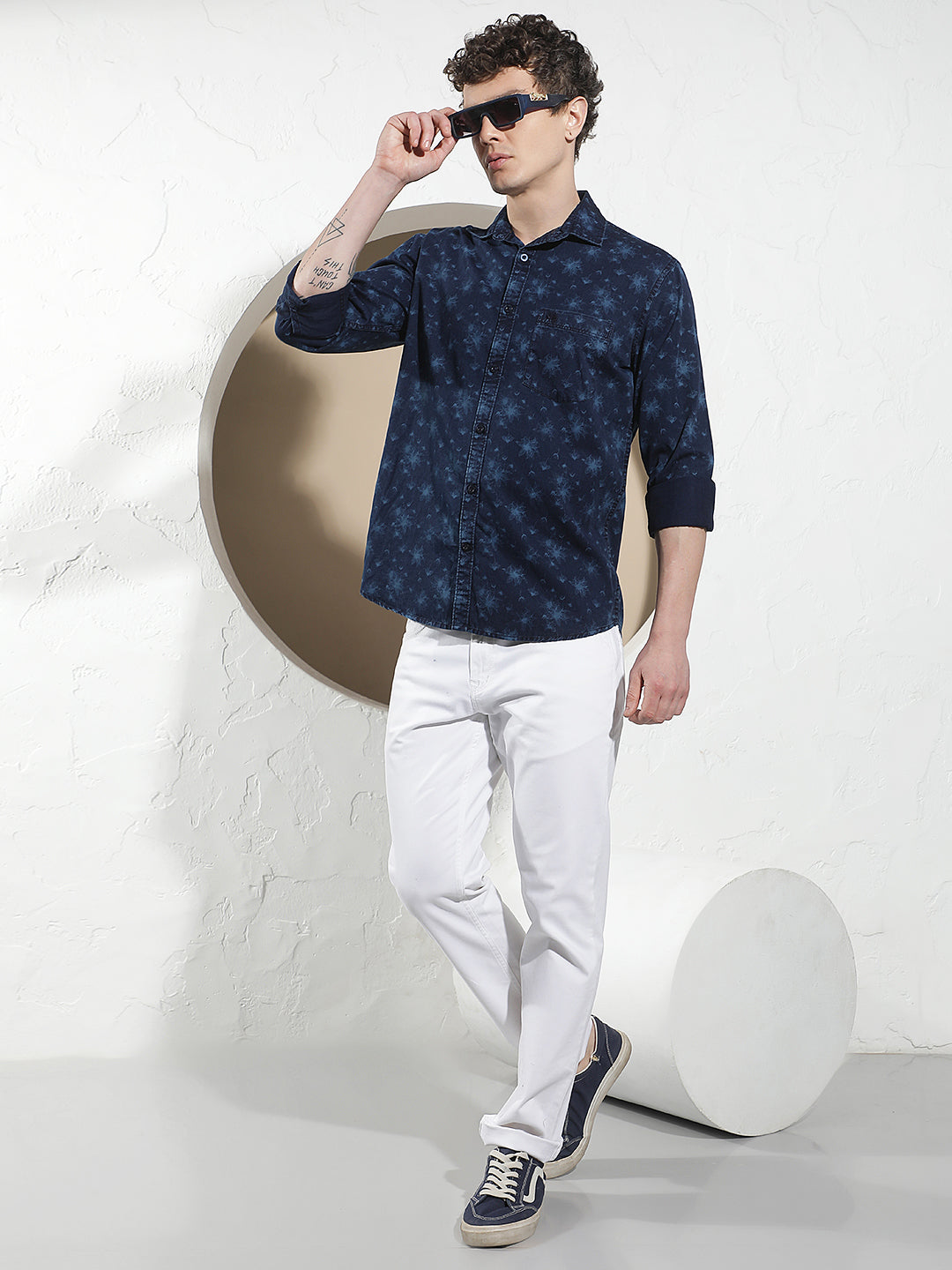Navy Blue Floral Print 100% Cotton Denim Shirt