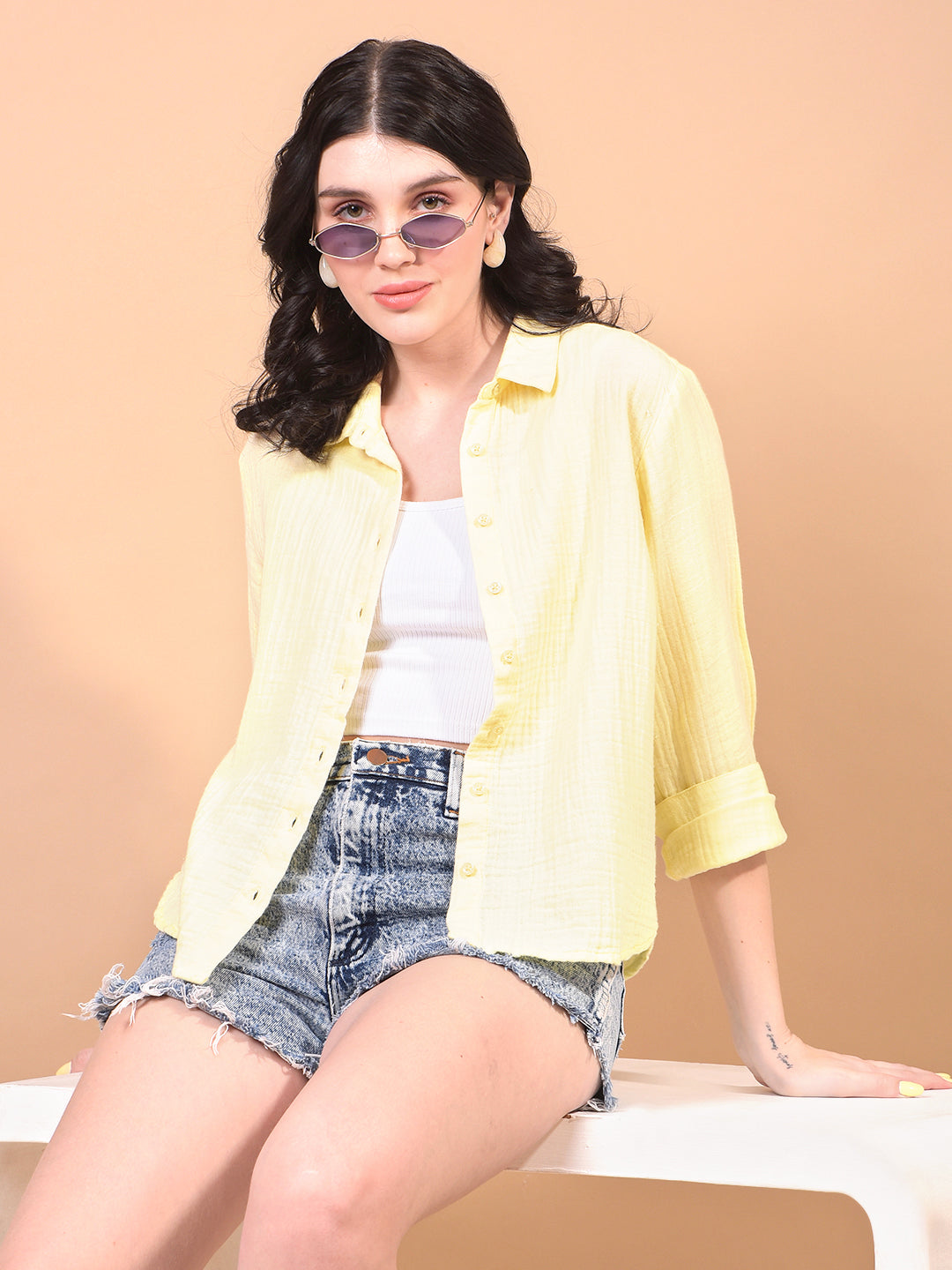 Women's Yellow 100% Cotton Shirt-Women Shirts-Crimsoune Club