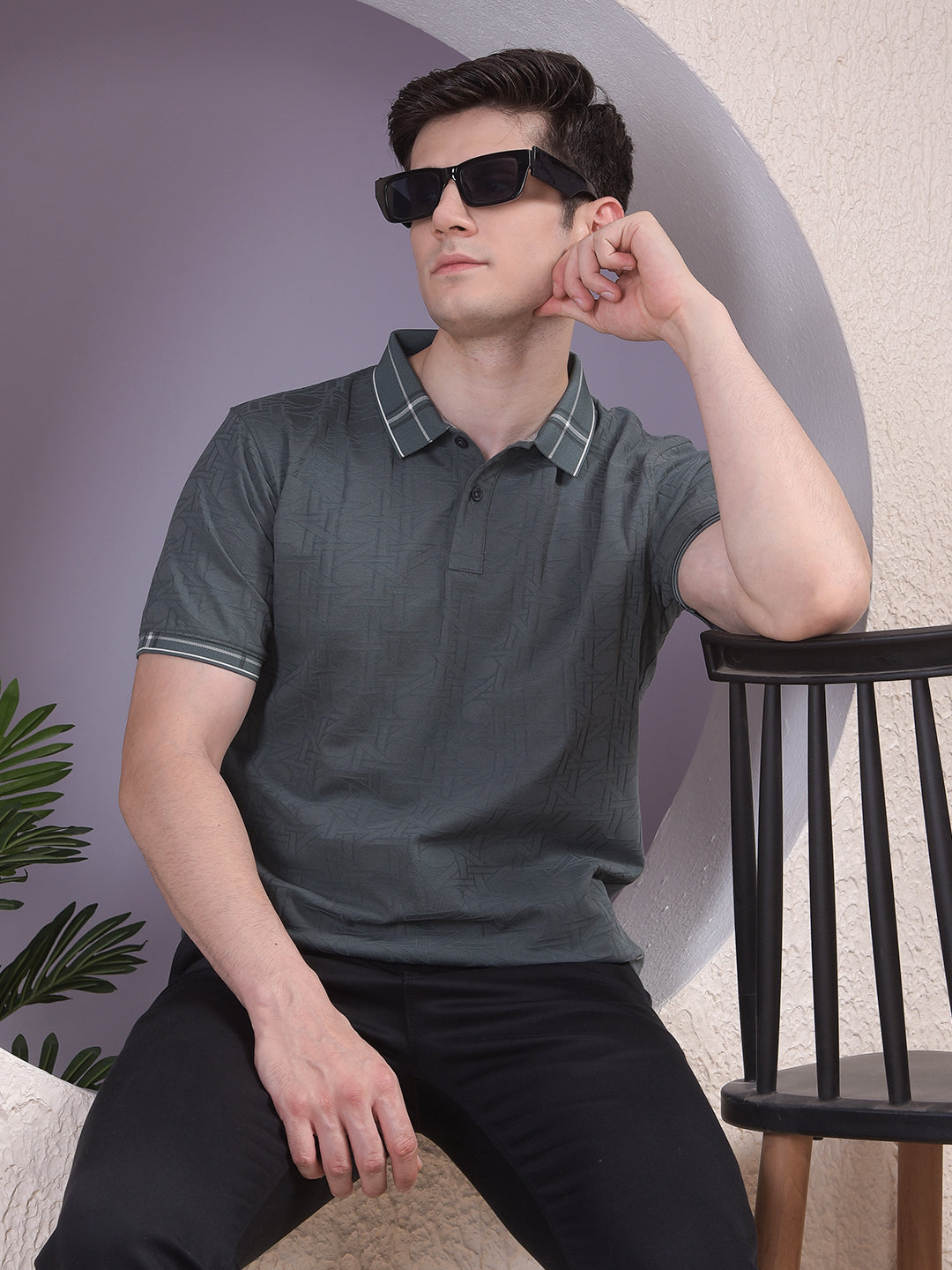 Green Printed Polo-Neck T-Shirt