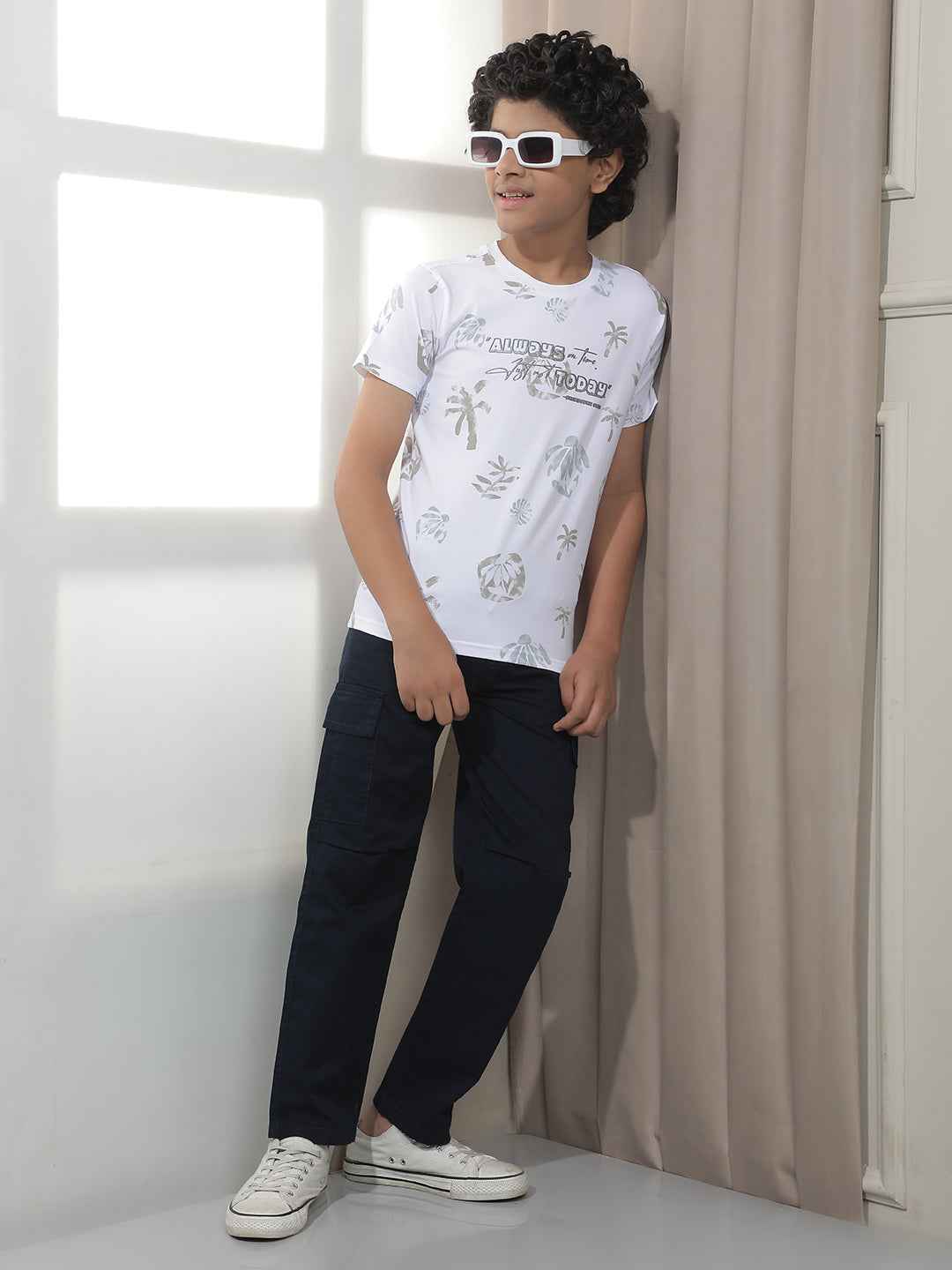 White Tropical Print Crew Neck T-Shirt