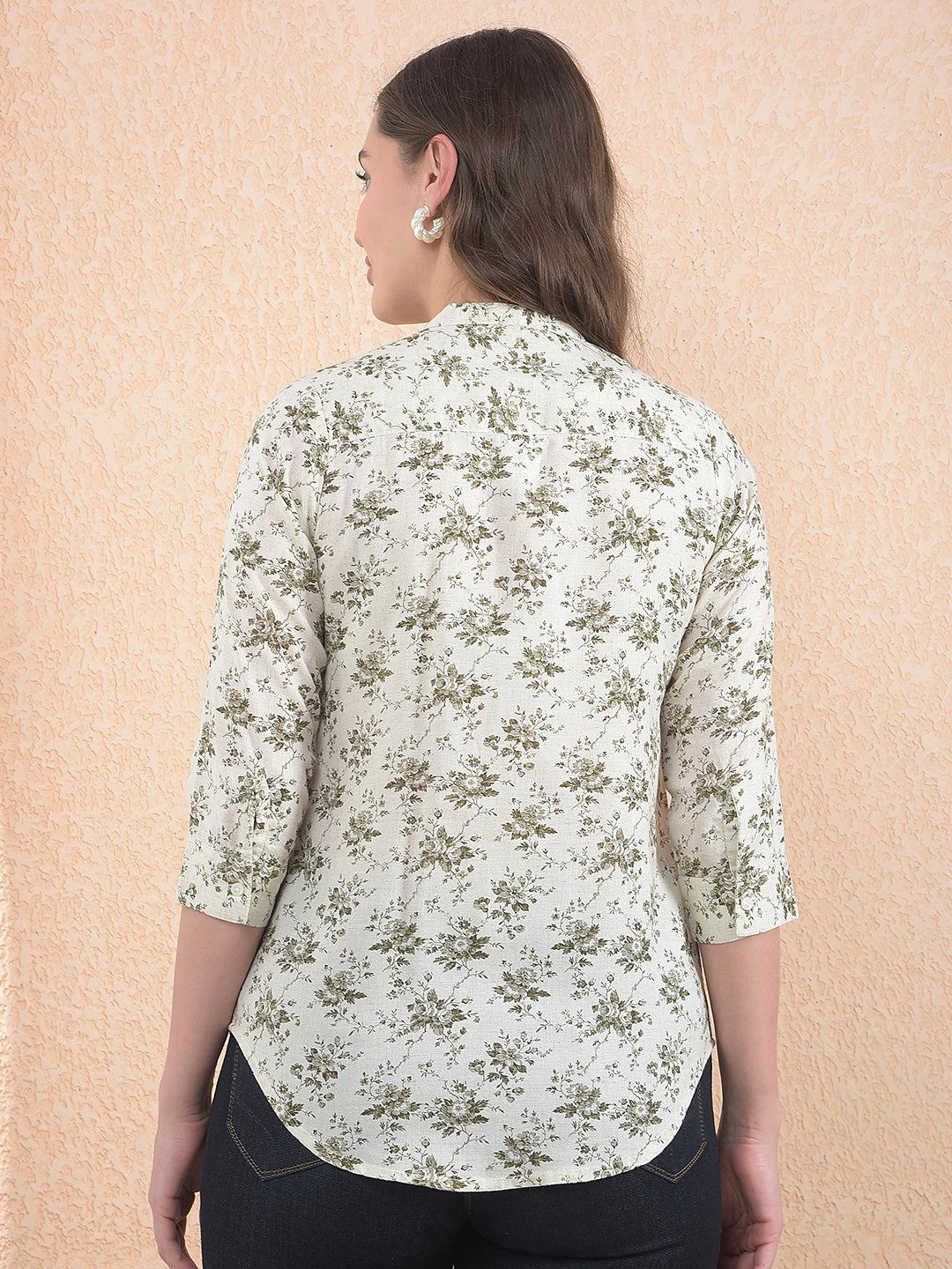 Printed Linen Beige V-Neck Shirt