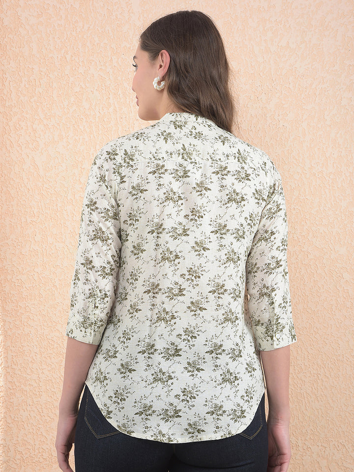 Printed Linen Beige V-Neck Shirt