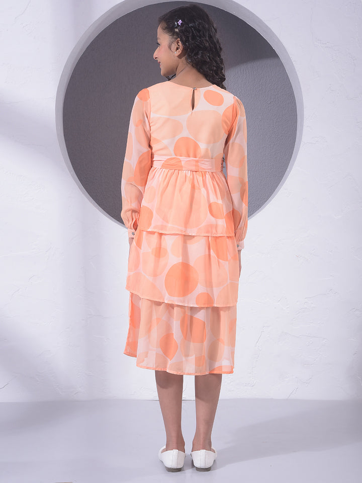 Orange Printed A-Line Dress With Belt