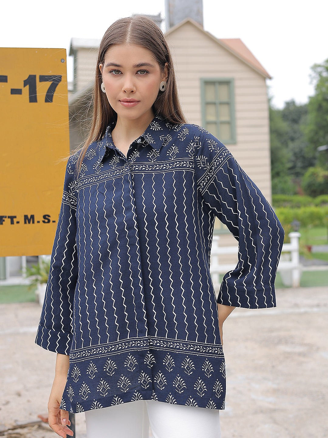 Navy Blue Motifs Print Shirt