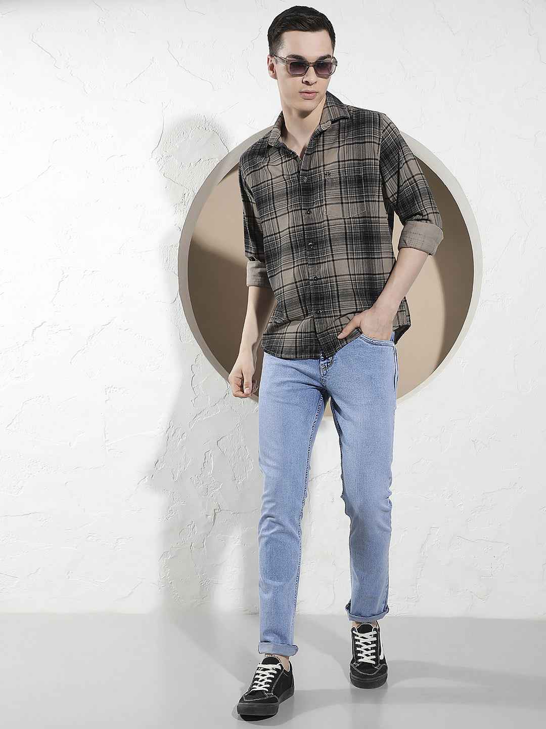 Grey Checked 100% Cotton Corduroy Shirt