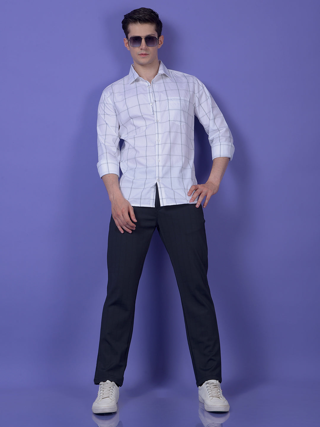 Urban Straight Navy Blue Checked Trousers