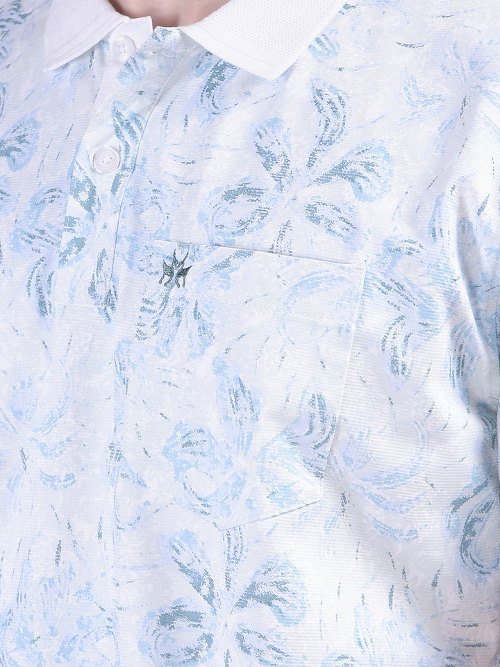 Blue Floral Print Polo-Neck T-Shirt