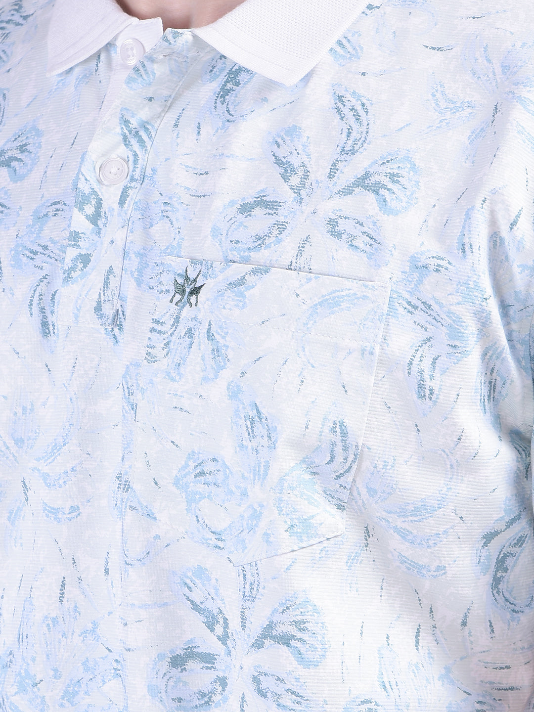 Blue Floral Print Polo-Neck T-Shirt