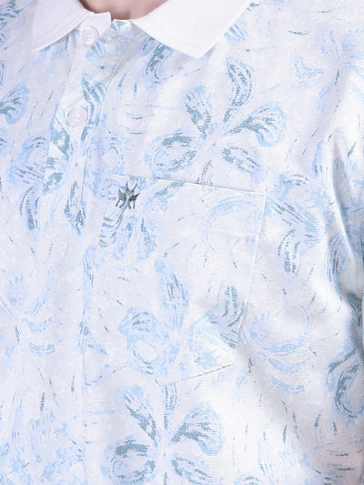 Blue Floral Print Polo-Neck T-Shirt