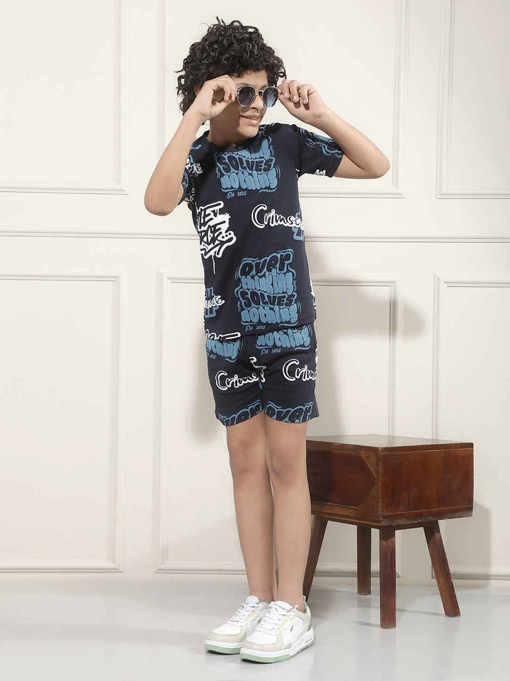 Navy Blue Typographic Print Shorts