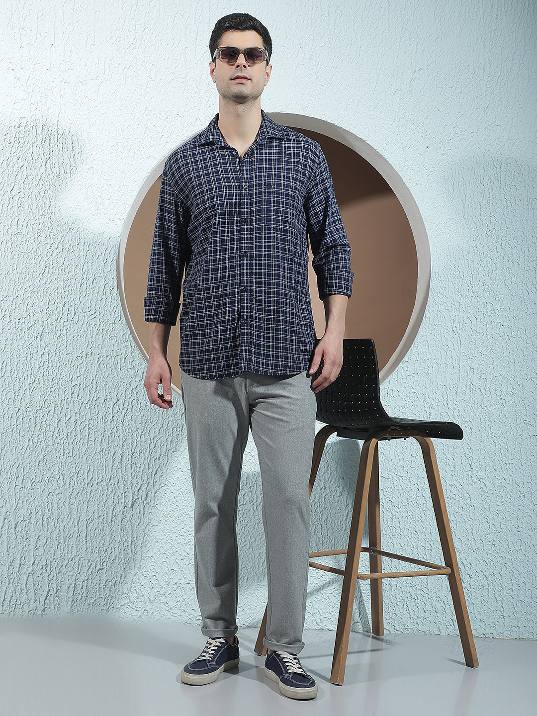 Navy Blue 100% Cotton Checked Shirt