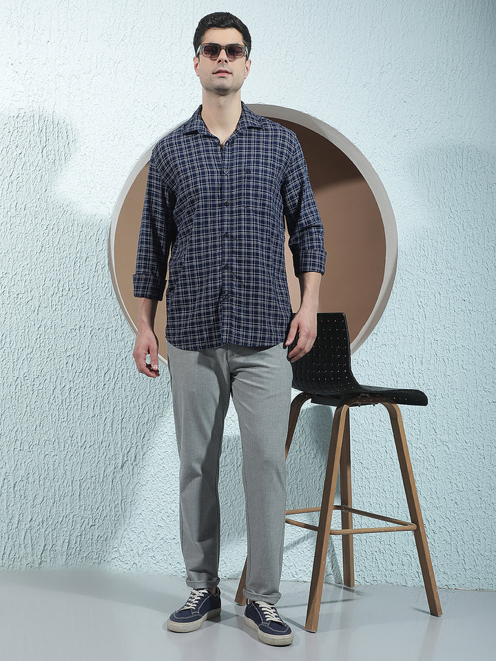 Navy Blue 100% Cotton Checked Shirt