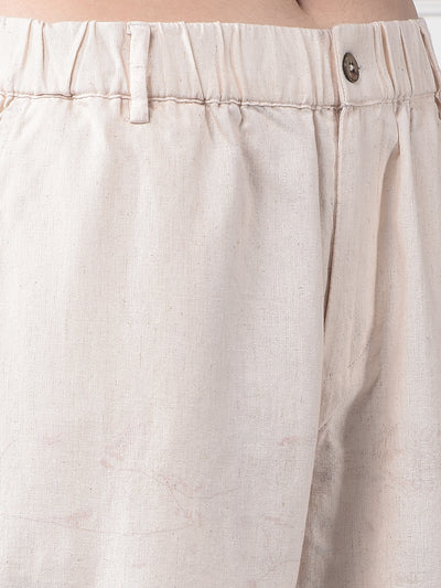 Peach Floral Print Linen Straight Trousers