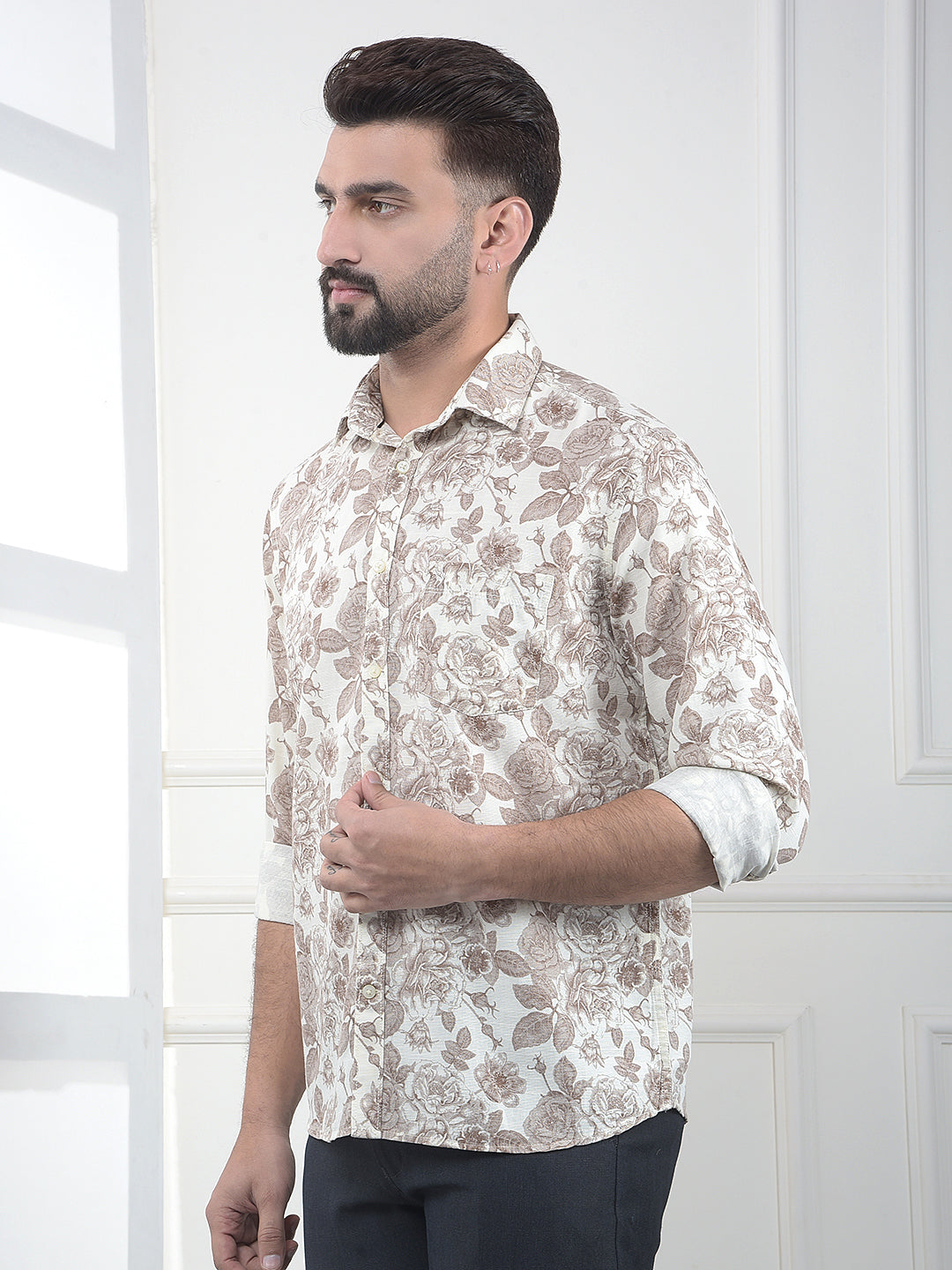 Brown Floral Print Linen Shirt