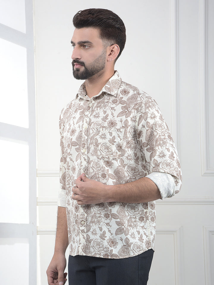 Brown Floral Print Linen Shirt