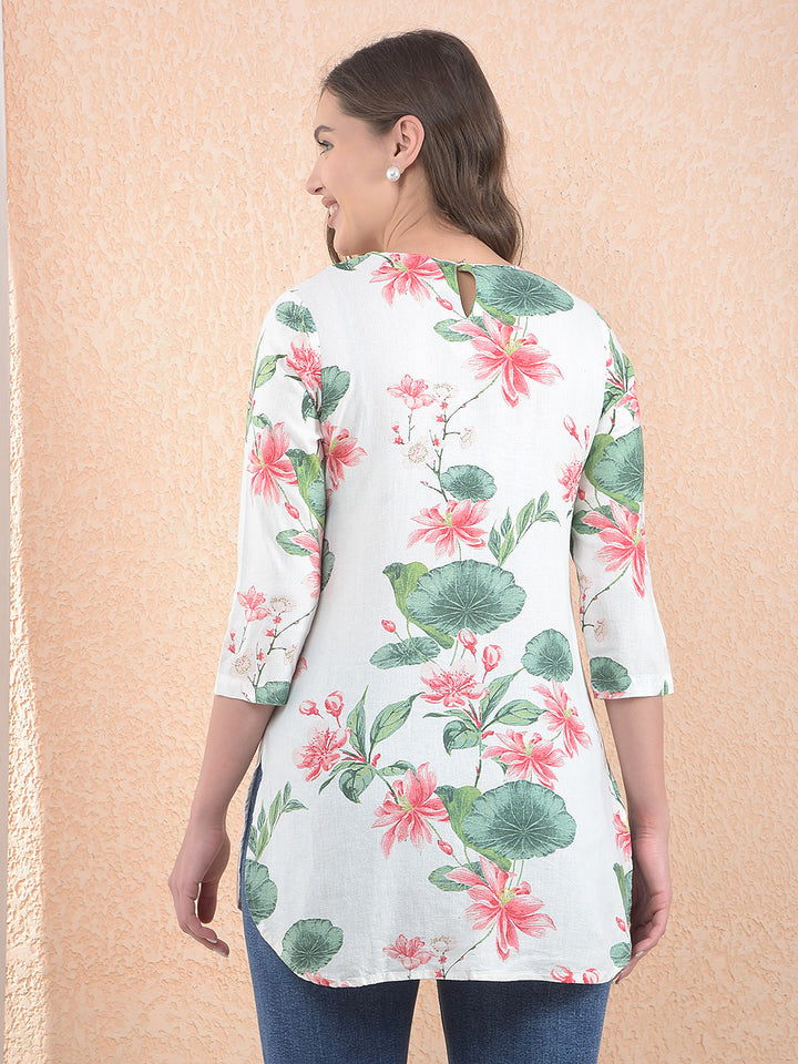 White Floral Print Linen Top