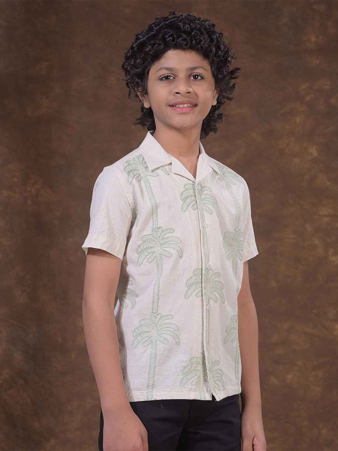 Green Embroidered Resort-Collar Linen Shirt