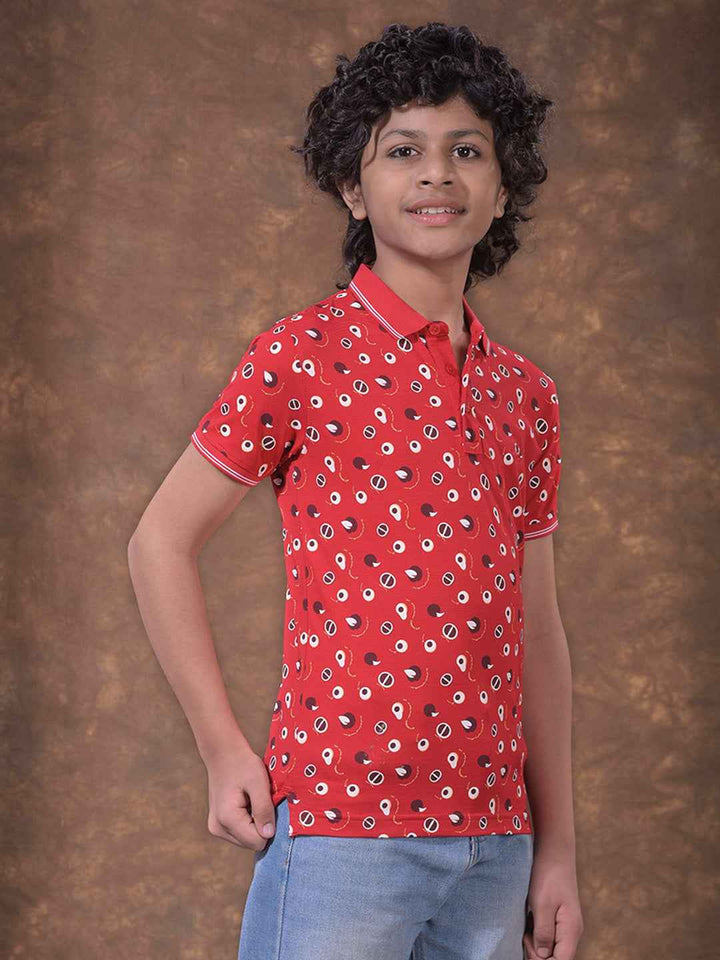 Red Printed Polo Neck T-Shirt