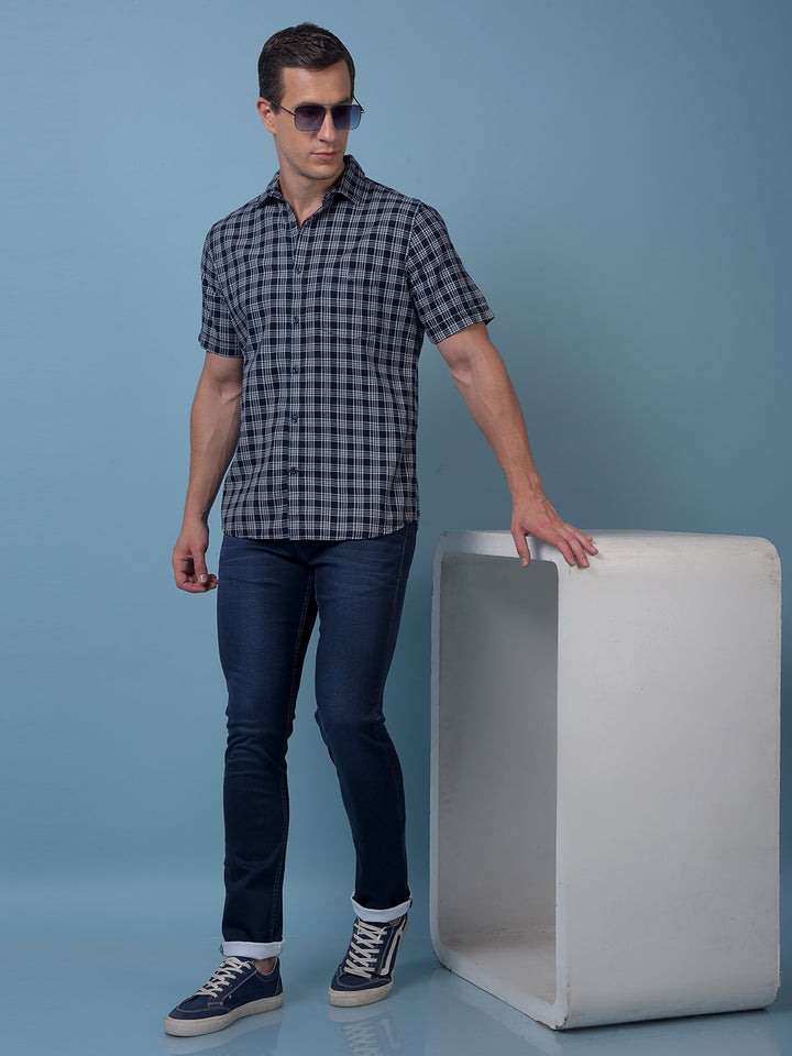 Navy Blue Checked 100% Cotton Shirt