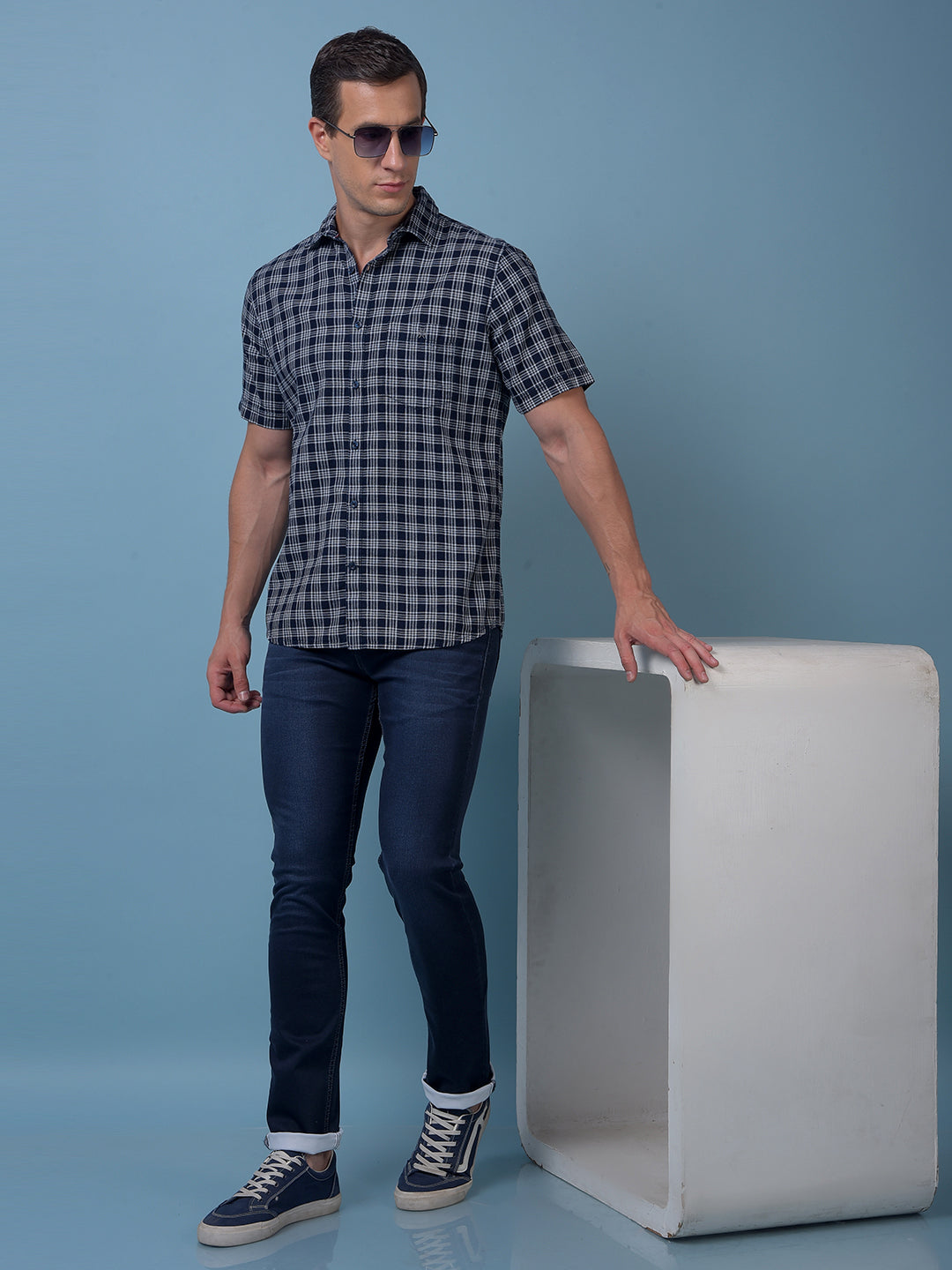 Navy Blue Checked 100% Cotton Shirt