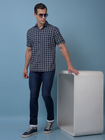 Navy Blue Checked 100% Cotton Shirt