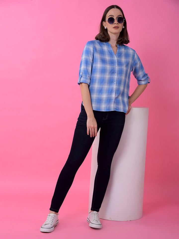 Blue Checked V-Neck Shirt