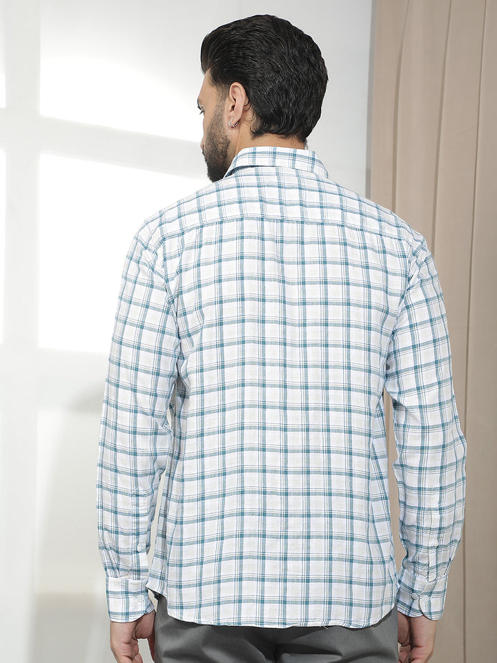 Teal Green Linen Checked Shirt