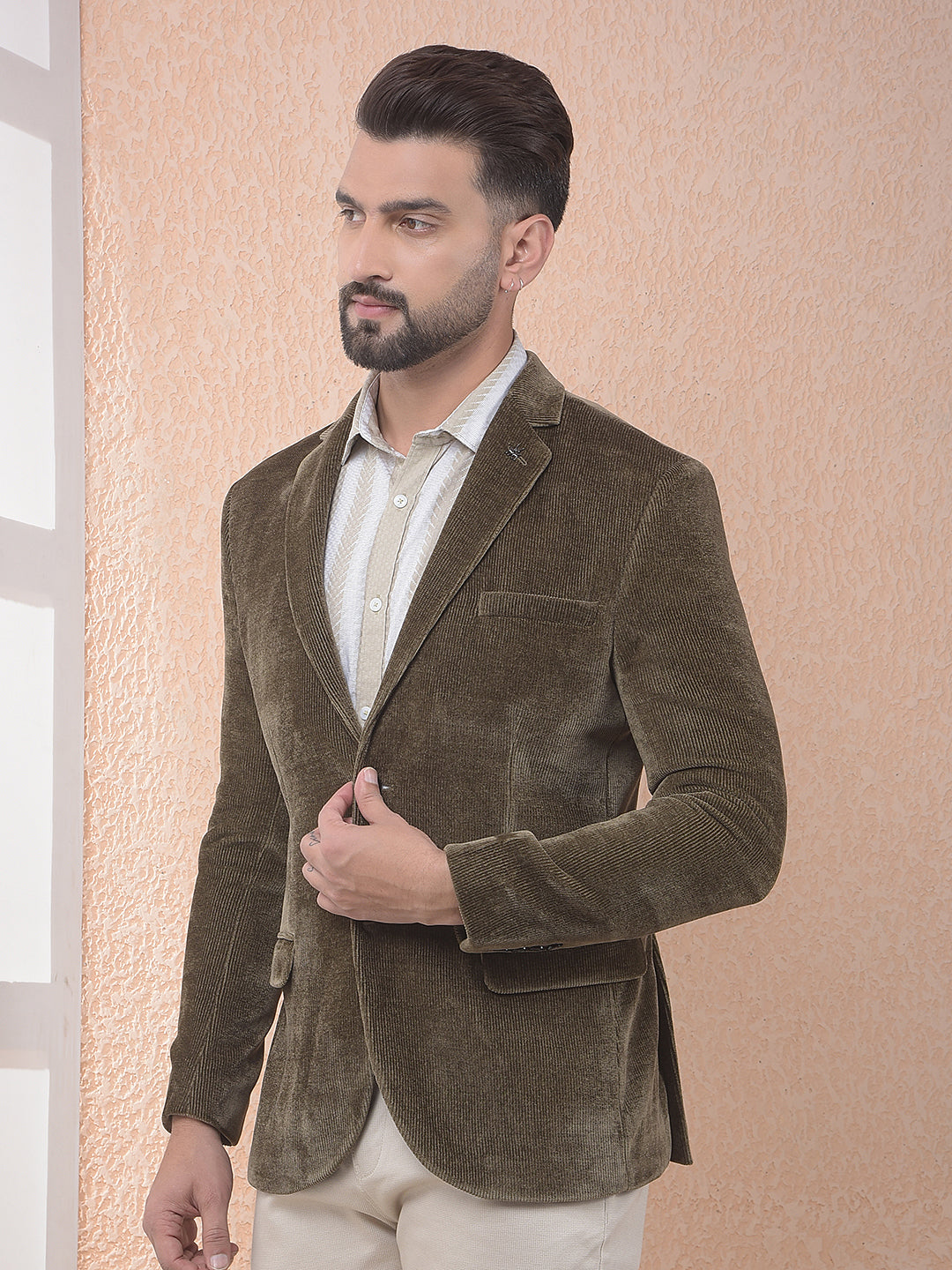 Brown Notched Lapel Corduroy Blazer