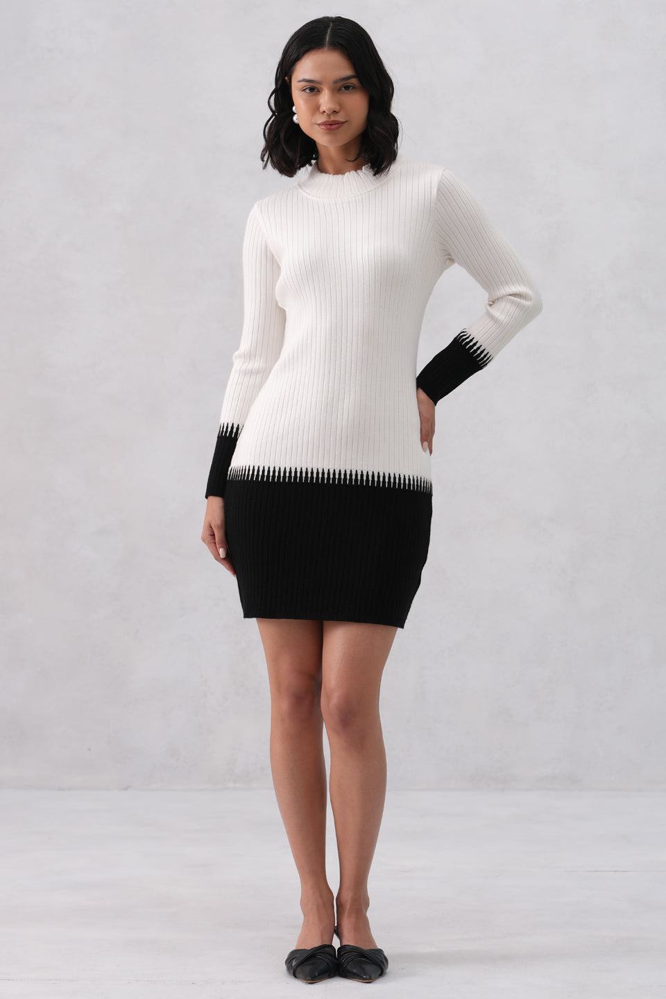White Color-Block Winter Mini Dress