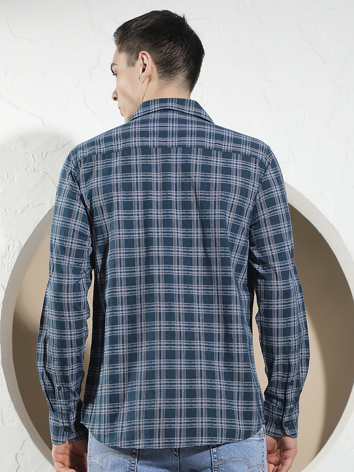 Teal Blue 100% Cotton Checked Shirt