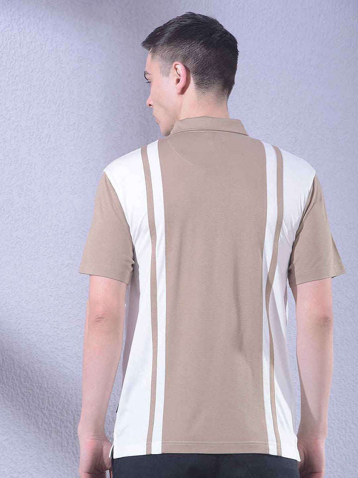 Beige Color-Blocked Polo Neck T-Shirt with Zip Closure