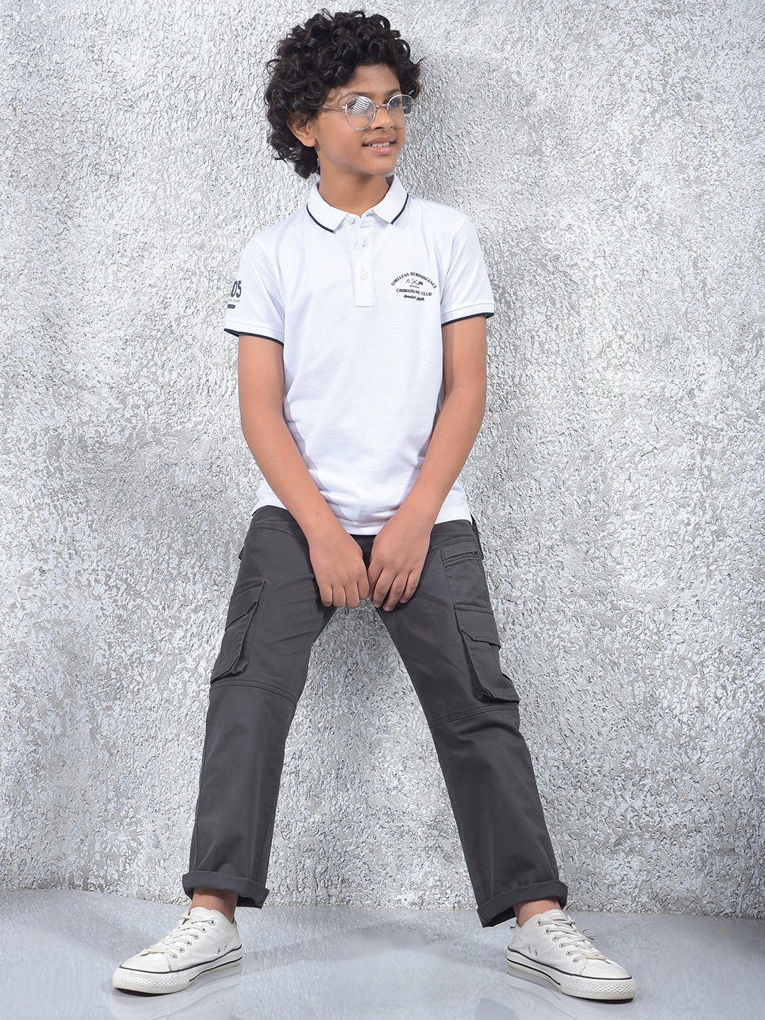 Static Grid White Polo Neck T-Shirt