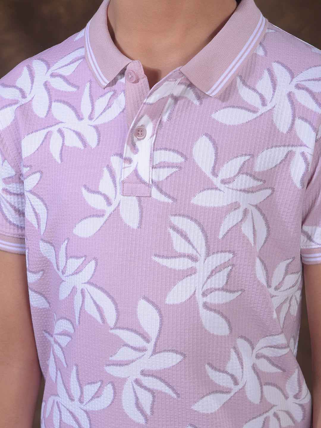 Purple Floral Print Polo Neck T-Shirt
