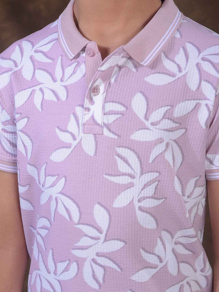 Purple Floral Print Polo Neck T-Shirt