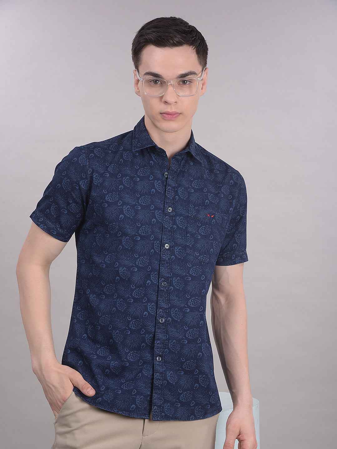 100% Cotton Navy Blue Floral Print Shirt