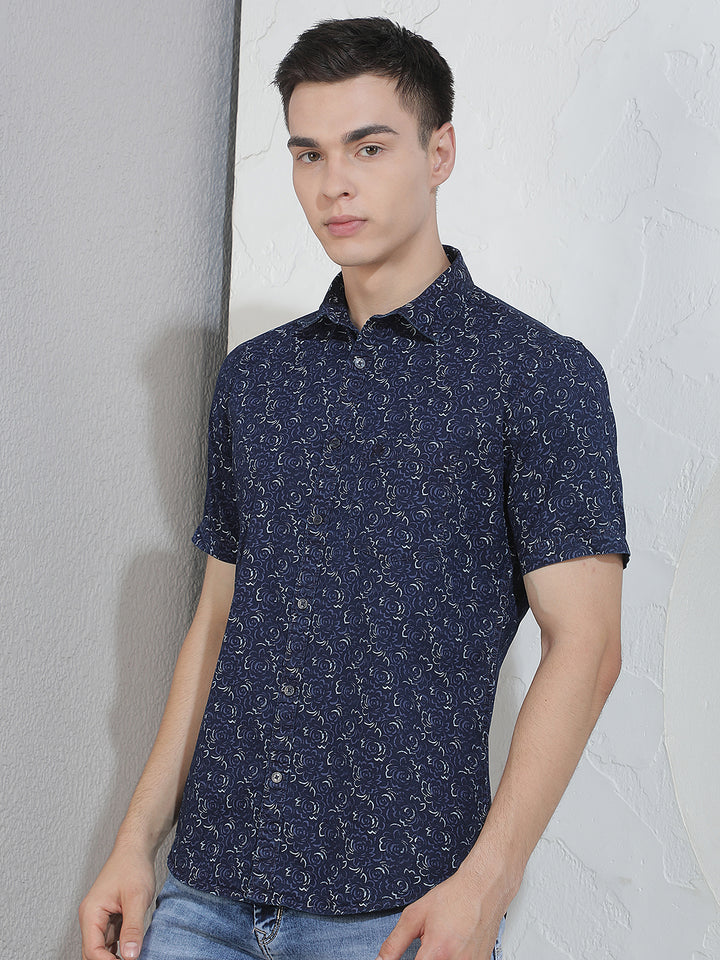 Blue Floral Print 100% Cotton Shirt