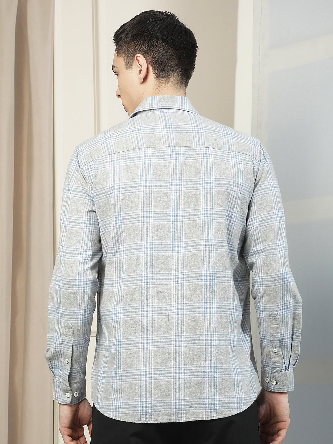 Grey Checked 100% Cotton Double Pocket Shirt