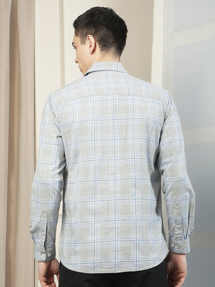 Grey Checked 100% Cotton Double Pocket Shirt